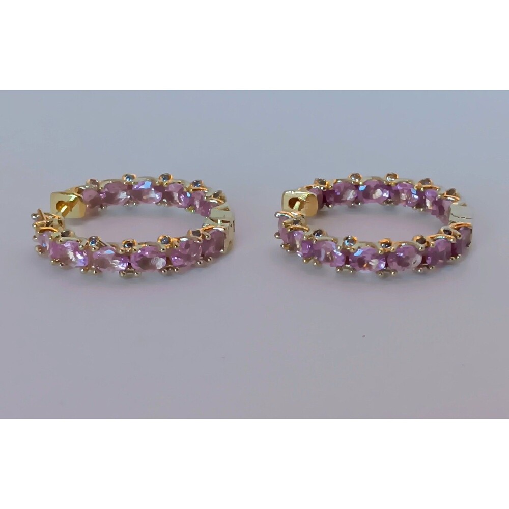Beautiful Goldplated Oval Pink CZ w Clear Cz Inside Out Hoop Earrings 3/4 in